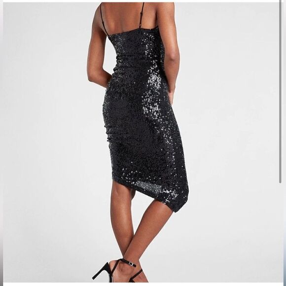 NWT new Express Sequin Cowl Neck Slip Dress size XXS black midi asymmetrical - Picture 2 of 7